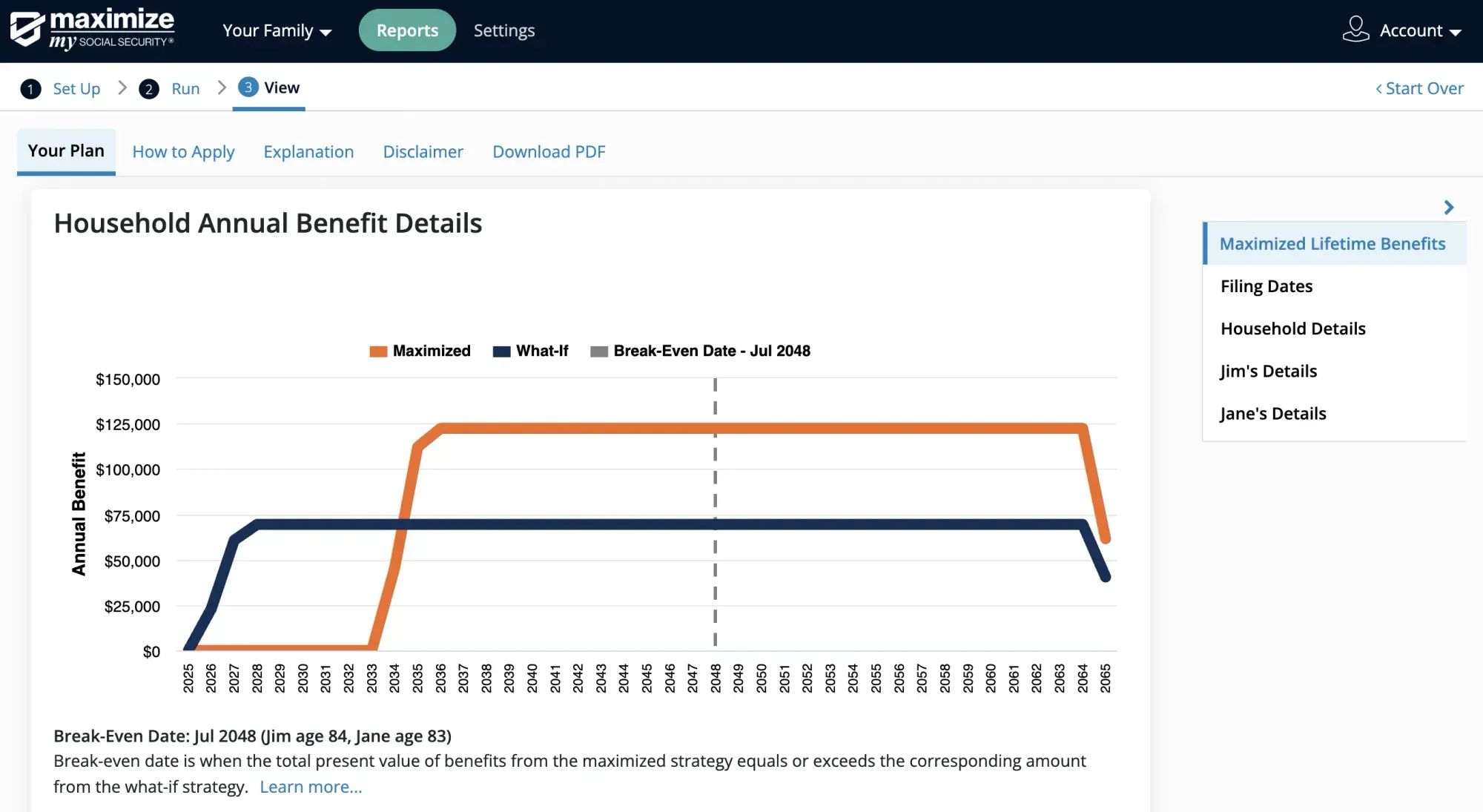 Maximize My Social Security analysis screenshot showing breakeven and claiming strategy comparisons