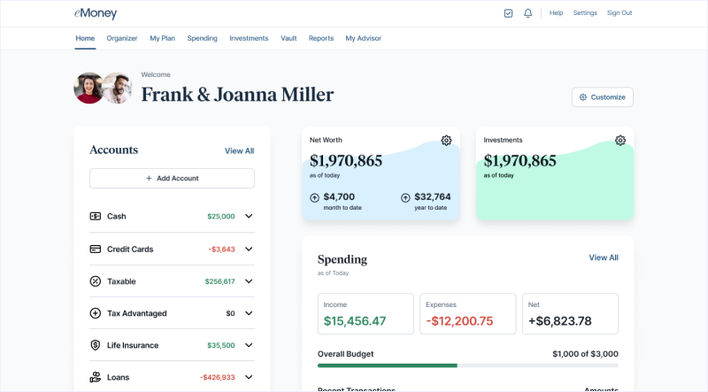 eMoney client portal screenshot showing goals and planning dashboard